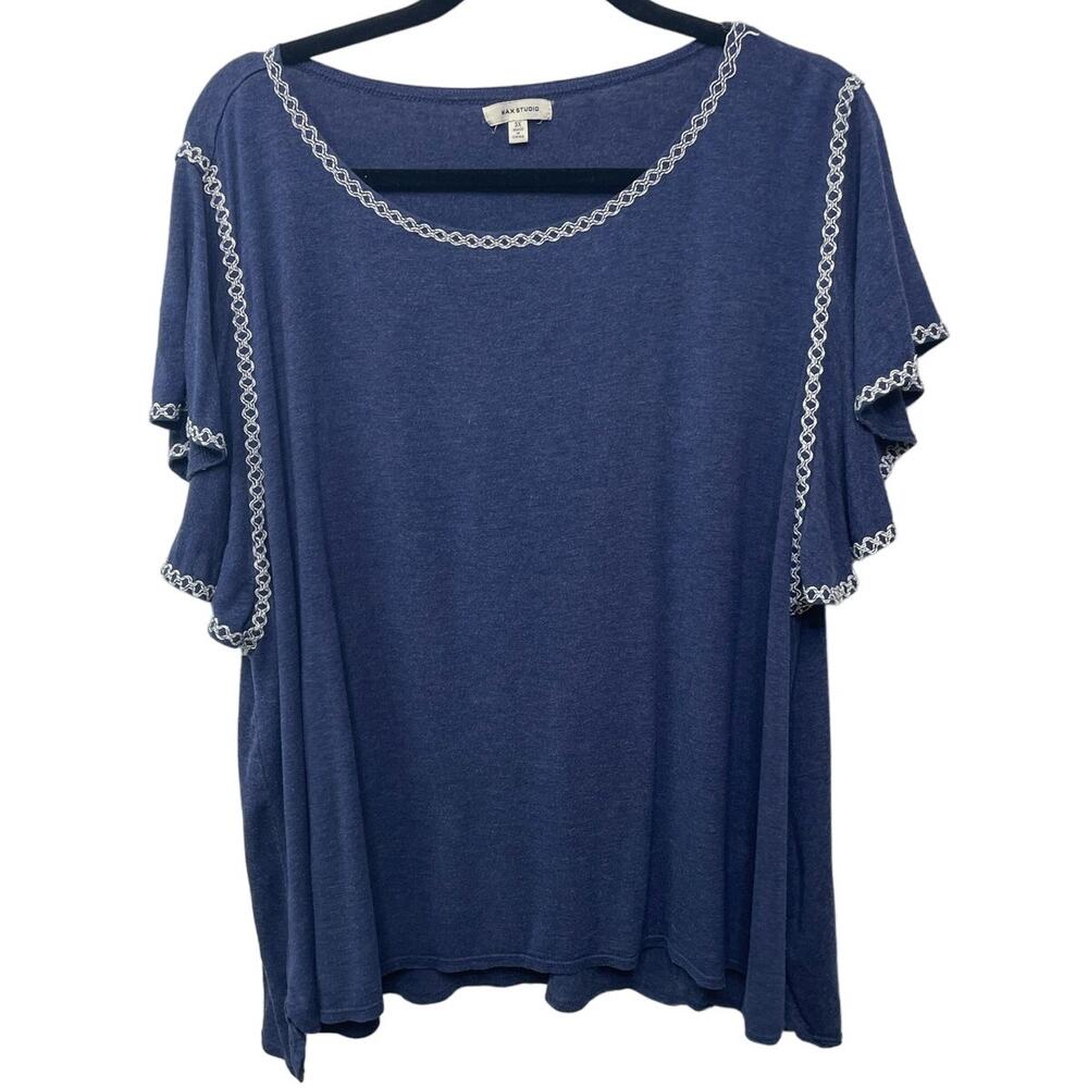 Max Studio Embroidered Flutter Short Sleeve Blouse Top Blue Plus Size 3X Cottage